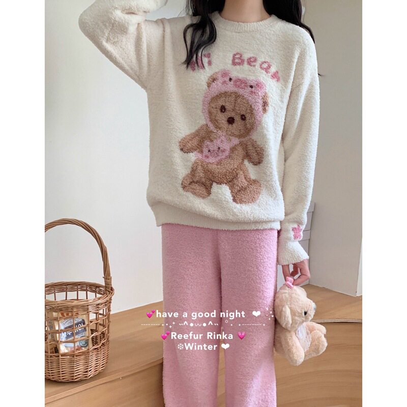 Reefur Rinka梨花家半边绒睡衣女冬季新款加厚保暖圆领家居服套装