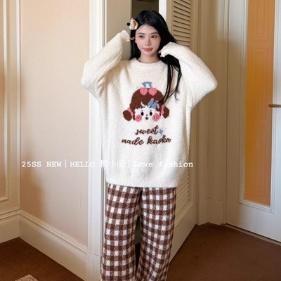 半边绒羽毛纱格子长裤睡衣家居服