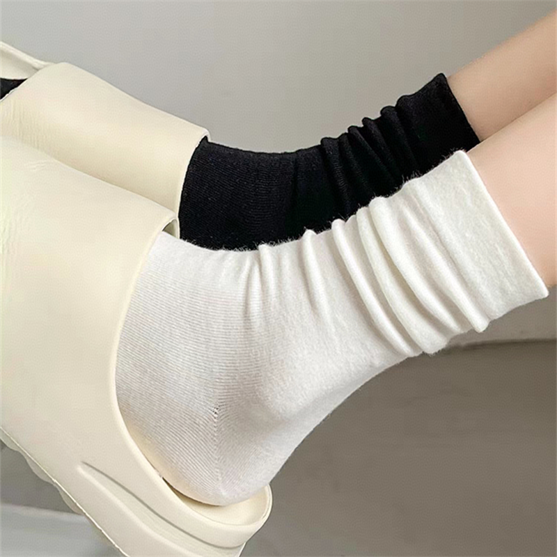 白色堆堆袜子女夏季薄款中筒袜纯棉ins潮日系纯色无骨袜月子长袜