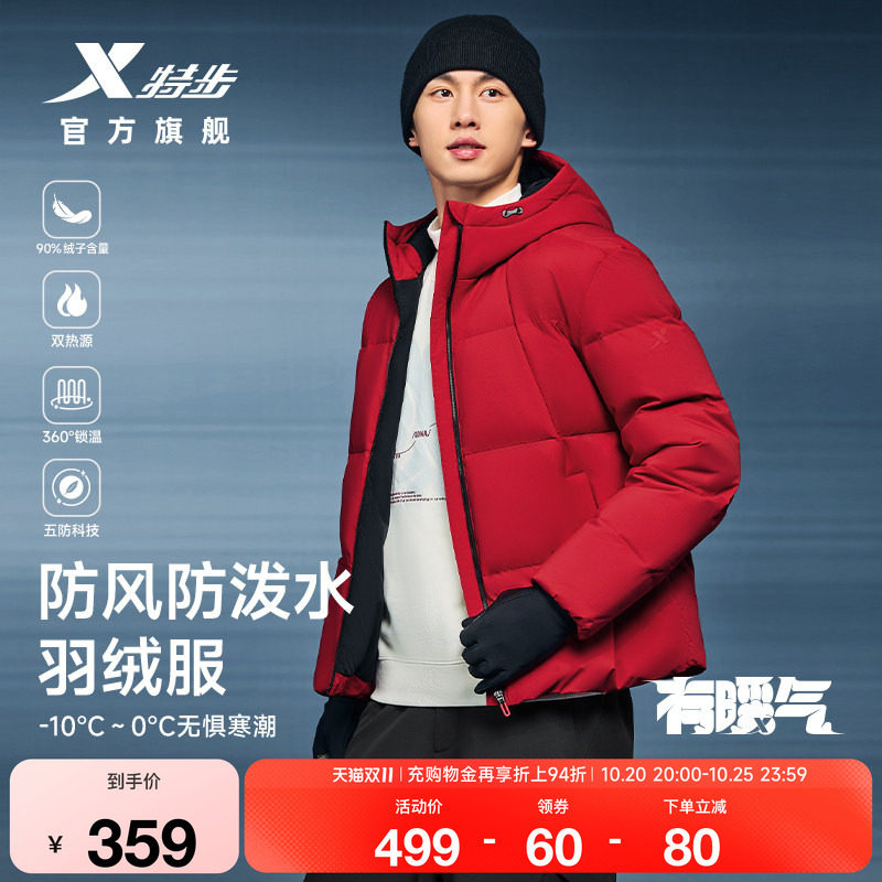 羽翼有暖气保暖防风连帽羽绒服男
