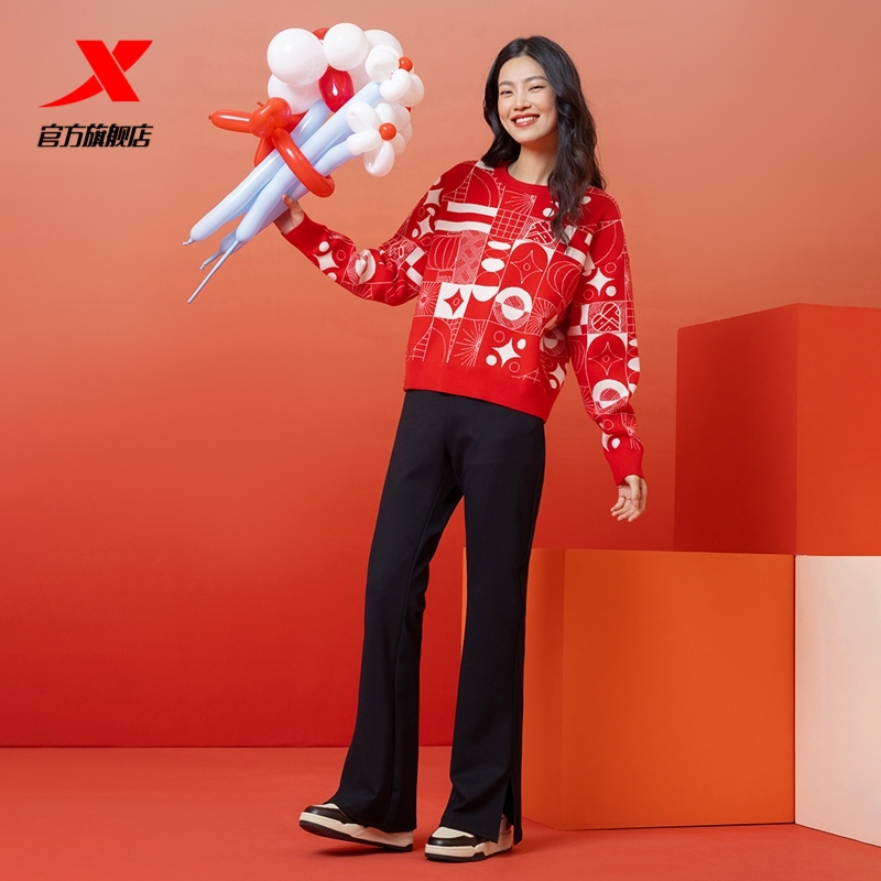 特步新年丨喇叭裤修身运动裤女款春秋季时尚潮流百搭时尚黑色卫裤