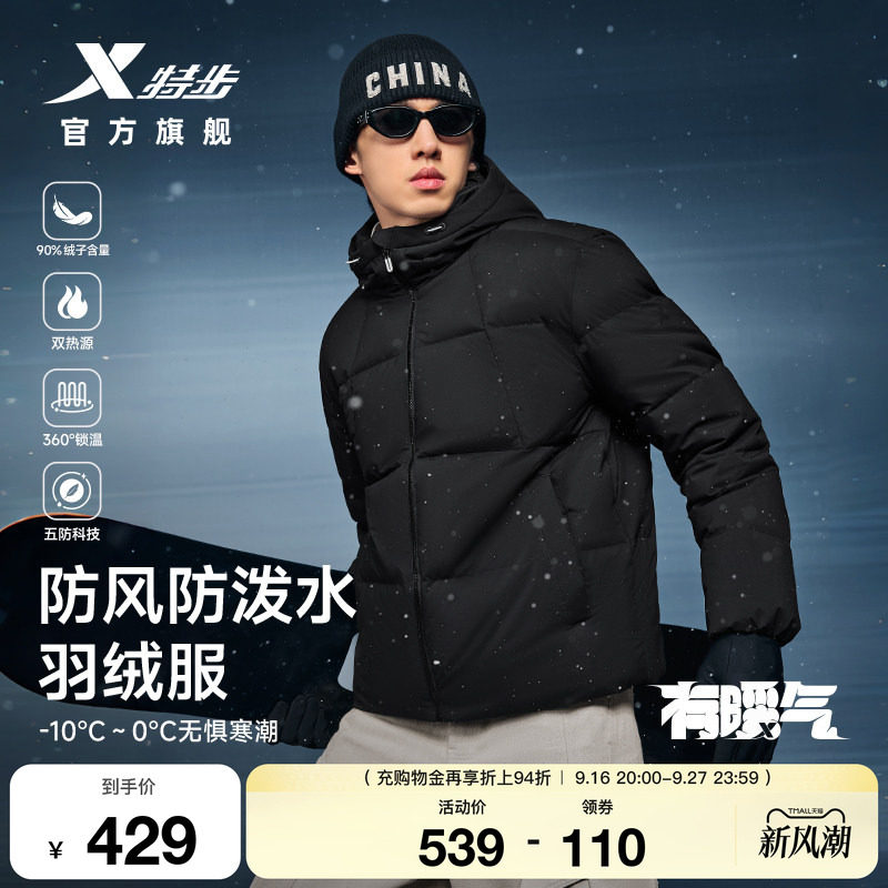羽翼有暖气保暖防风连帽羽绒服男