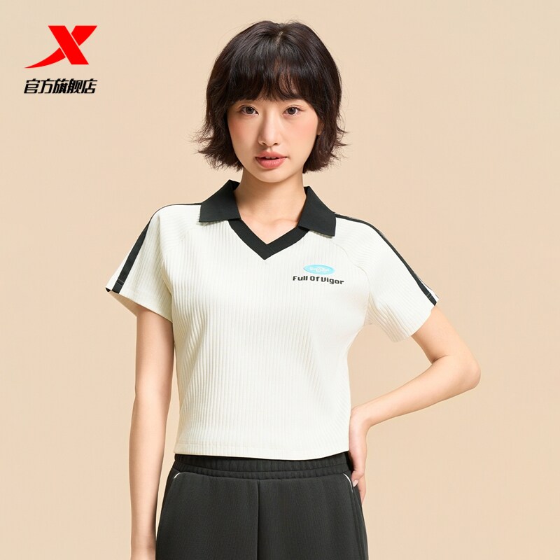 特步翻领T恤女2025年夏季新款短款女装休闲时尚短袖975328020006