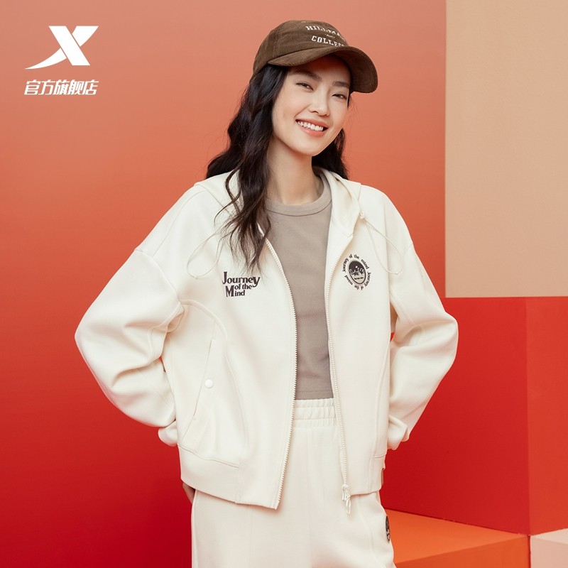 特步针织运动服女款连帽卫衣开衫修身显瘦春秋款上衣百搭休闲外套