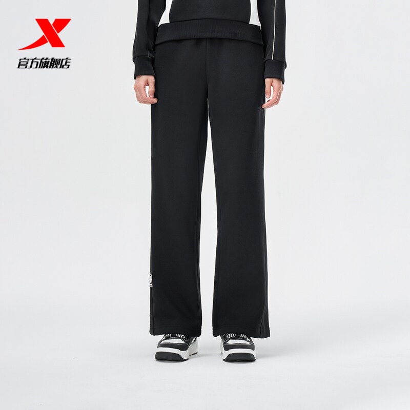 特步加绒卫裤女款冬季新品针织运动裤黑色长裤百搭保暖直筒休闲裤