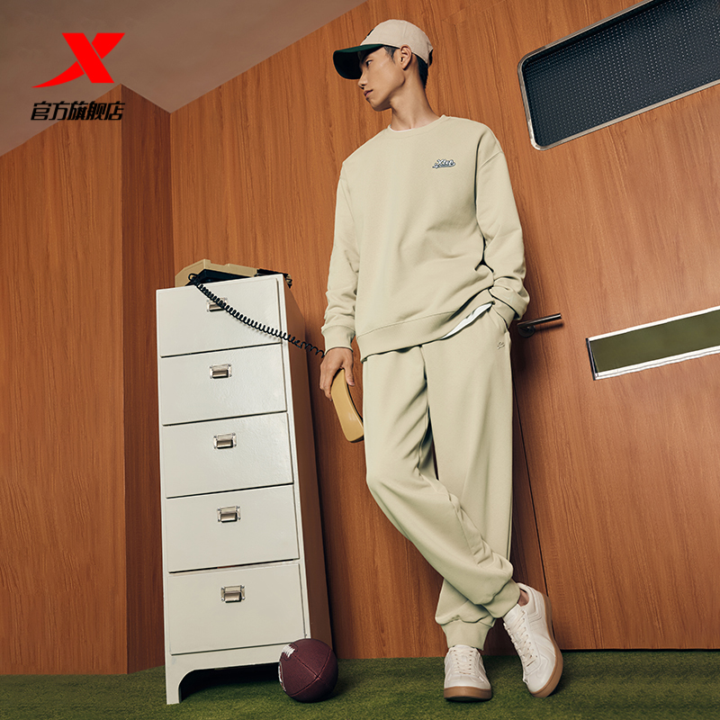 特步加绒运动套装男秋冬宽松休闲针织两件套卫衣套头衫束脚裤卫裤