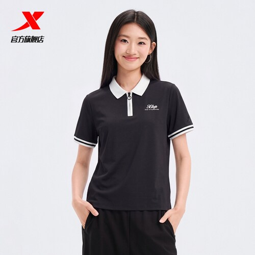 特步半拉链POLO衫女2026年夏季新款运动服休闲短袖女974228020144