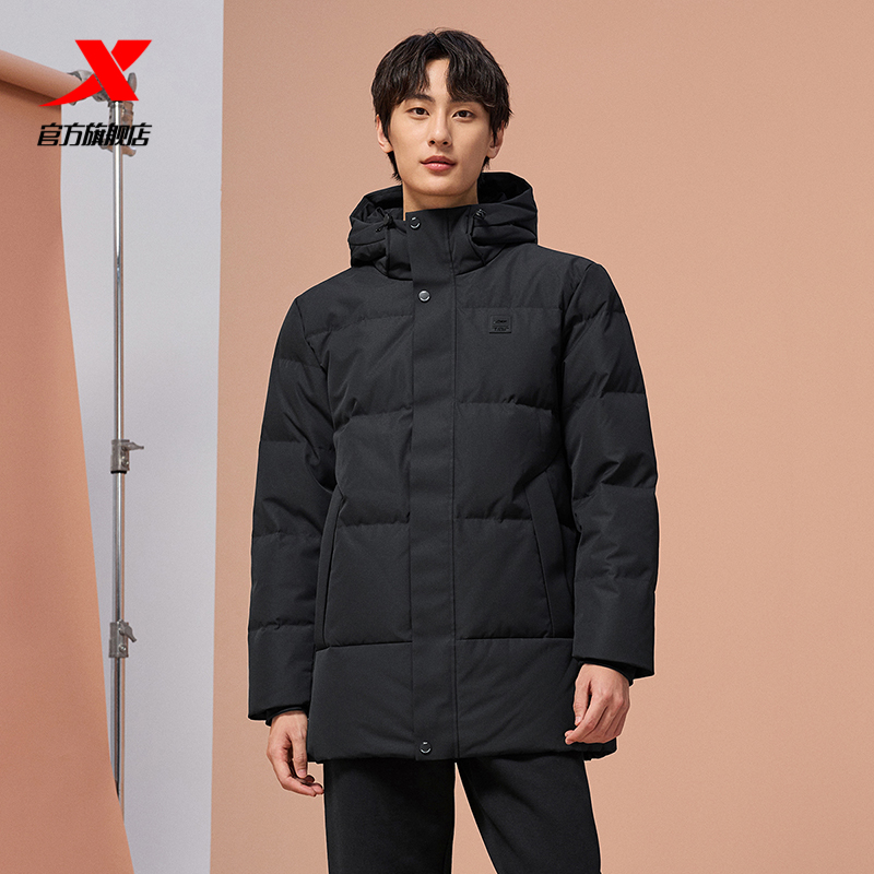 特步中长羽绒服男2023冬季新款鸭绒保暖外套连帽夹克977429640741