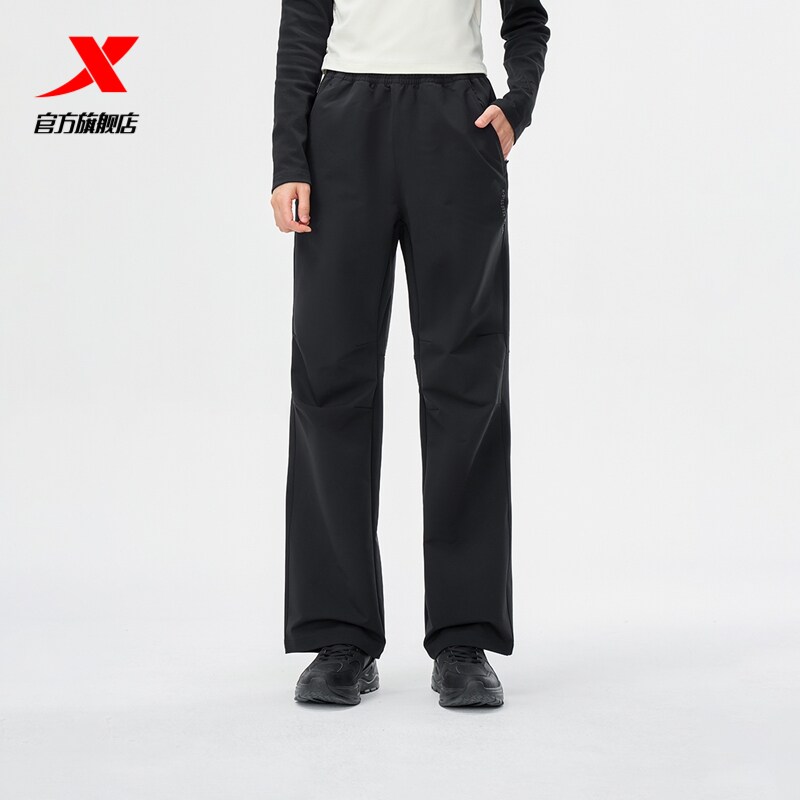 特步直筒裤女裤秋冬季运动裤通勤户外梭织长裤百搭黑色休闲裤