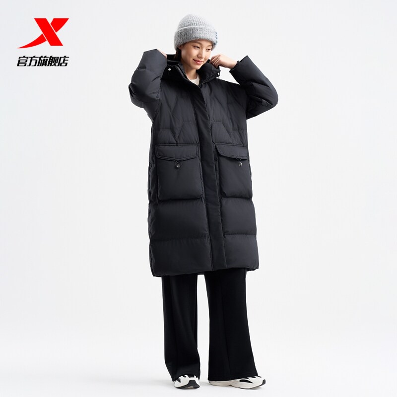 特步女中长款加厚保暖羽绒服