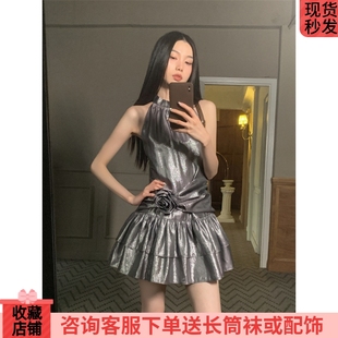 连衣裙 小众设计金属感冷酷辣妹花朵挂脖无袖 夏季 银色杀手