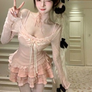 女春夏 人间水蜜桃收腰显瘦纯欲甜辣吊带连衣裙 长袖 罩衫 上衣套装