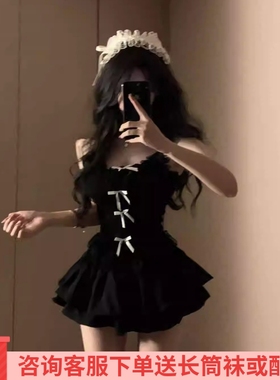 蕾丝拼接方领蝴蝶结系带针织背心纯欲风辣妹收腰显瘦蓬蓬公主短裙