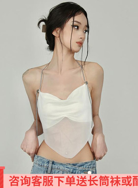 2024夏季蝴蝶结纯欲氛围感甜辣绑带夏日挂脖链条显瘦露背吊带背心