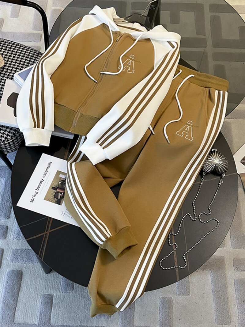 여성을위한 XIAOXIANGFENG 패션 캐주얼 정장 봄과 가을 새로운 세련된 하이 엔드 후드 재킷 스포츠 바지 투피스 세트