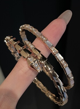 玫瑰金新款满钻白贝母蛇形手镯头尾钻光面蛇形手环闺蜜时尚个性女