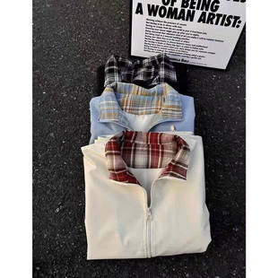 fitcheck拼接棒球服外套男款美式复古立领飞行夹克潮牌格子冲锋衣