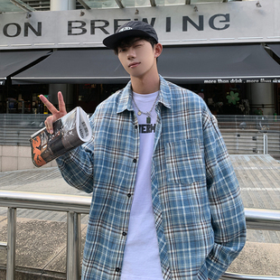 国民小林美式复古长袖格子衬衫男春秋季叠穿连帽外套女上衣情侣潮