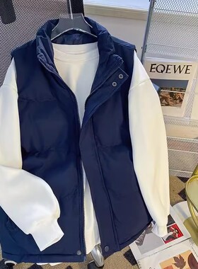 藏蓝色马甲棉服男款冬季加厚保暖无袖背心青少年美式坎肩棉衣外套