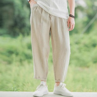 宽松棉麻透气哈伦萝卜裤 日系复古松紧腰九分裤 夏季 亚麻休闲裤 男士