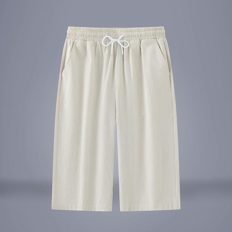 高端纯色仿亚麻男士过膝七分裤夏天透气棉麻布料中裤苎麻马裤短裤