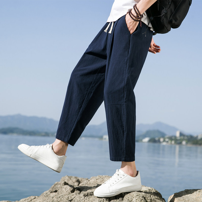 亚麻九分裤男夏季薄款男士休闲长裤2025新款夏天宽松棉麻裤子套装