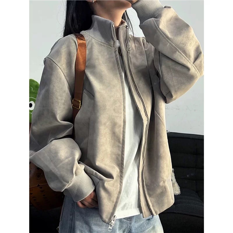 美式扎染机车皮衣夹克外套男秋冬季廓形正肩高级感短款立领棒球服