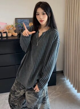 黑白拼色鱼骨纹v领长袖t恤男女款秋季美式重磅卫衣情侣内搭打底衫