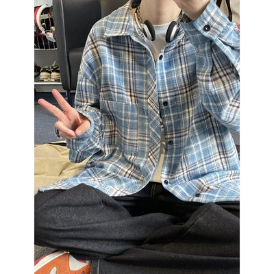美式格子衬衫男少年感穿搭日系衬衣夏天长袖薄款情侣装外套宋雨琦