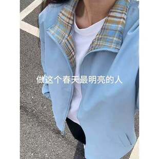 fitcheck蓝色夹克外套男款春秋格子拼接短款棒球服美式立领冲锋衣