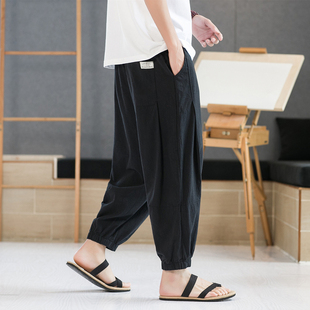 束脚锥形哈伦萝卜裤 日系复古裤 潮牌痞帅大码 亚棉麻八分裤 子男薄款