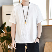 半袖 纯色亚麻短袖 宽松中国风男装 夏薄款 冰感透气棉麻上衣 t恤男士