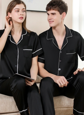 情侣睡衣夏季女士冰丝绸短袖长裤薄款黑色家居服男士套装2024新款