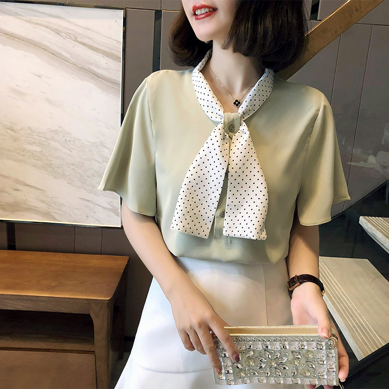 很仙的短袖雪纺衫洋气2020夏季新款宽松波点领结气质上衣轻熟风夏在类目 女装/女士精品, 蕾丝衫/雪纺衫中 - 来自Buy2taobao.com提供专业的淘宝代购服务