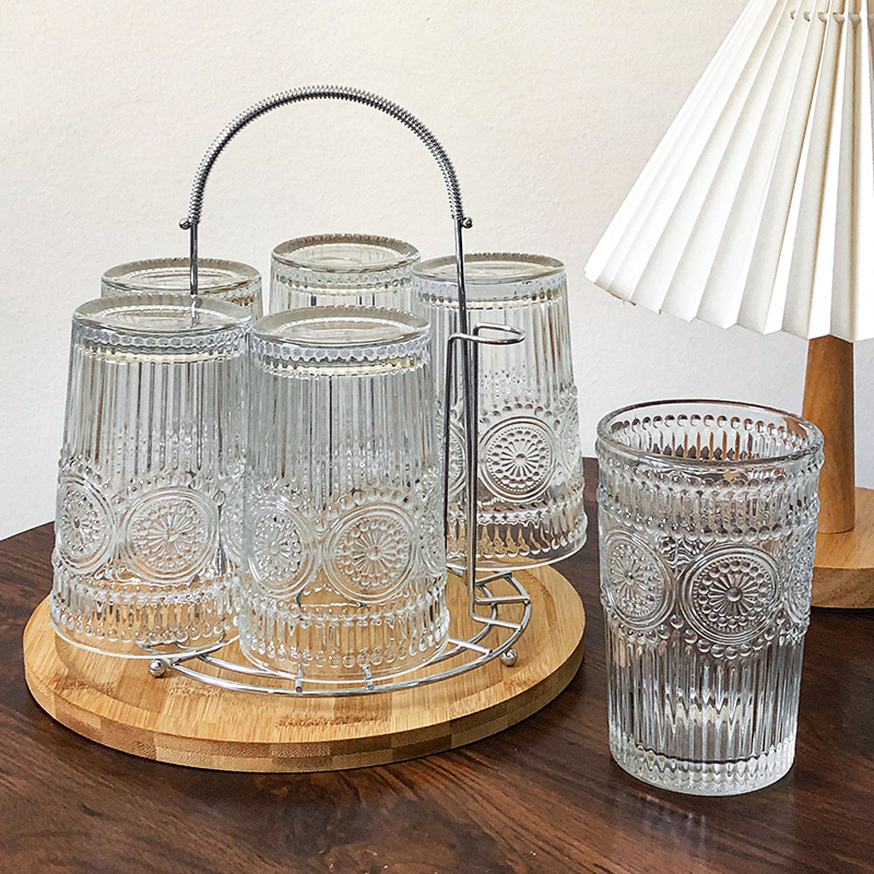 高颜值复古浮雕玻璃杯家用待客