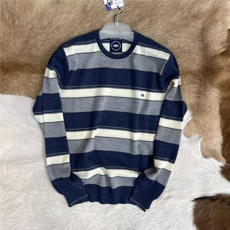 加拿大订单 50%羊毛 可机洗 不起球 男士横条条纹拼接针织毛衣