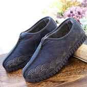 冬季 潮 绣花汉服一脚蹬加绒保暖休闲帆布棉鞋 老北京布鞋 男复古中式