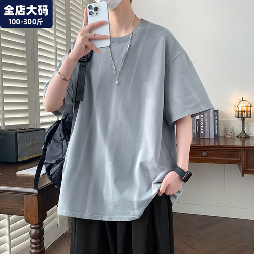 蓝色t恤男短袖大码男装加肥加大