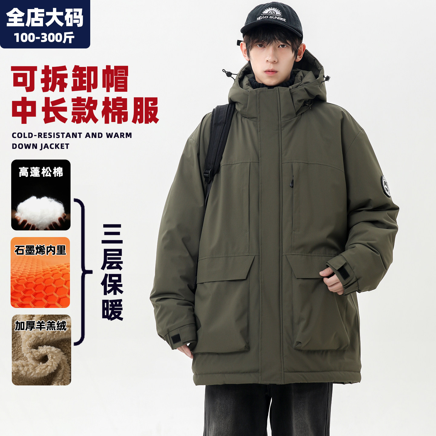 夹克棉服男冬季保暖加绒加厚中长款工装外套胖子加肥加大大码男装,男装,棉衣,淘宝优惠券,粉丝福利购,淘宝优惠卷