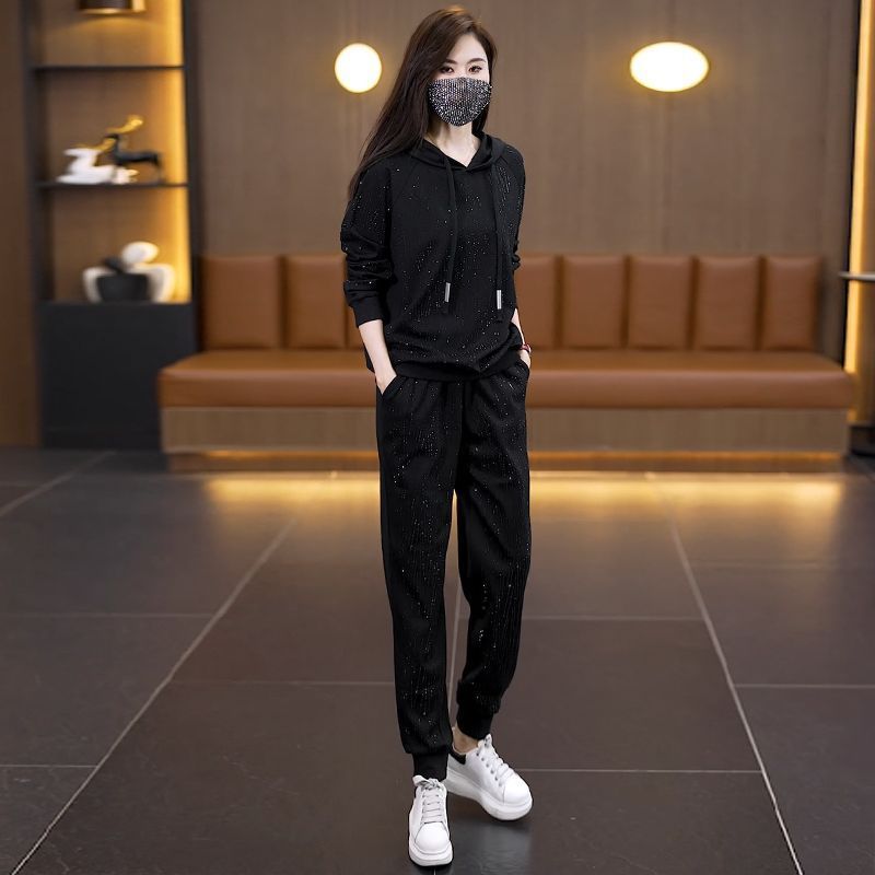 宽松潮流烫钻连帽卫衣束脚裤两件套女时尚休闲运动套装女秋季新款