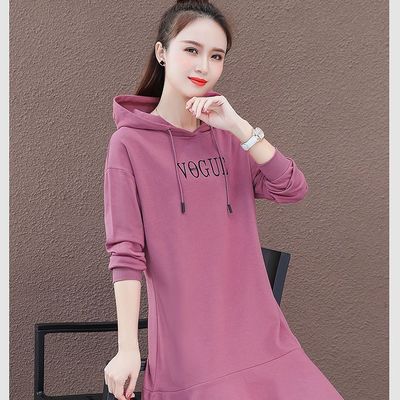 加绒加厚大码长袖宽松时尚胖MM时尚连衣裙中长款连帽卫衣裙秋冬季