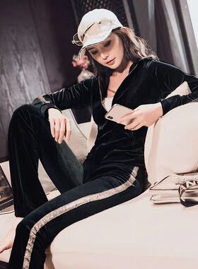 高档金丝绒套装女2025春秋季新款韩版连帽时尚喇叭裤运动服两件套
