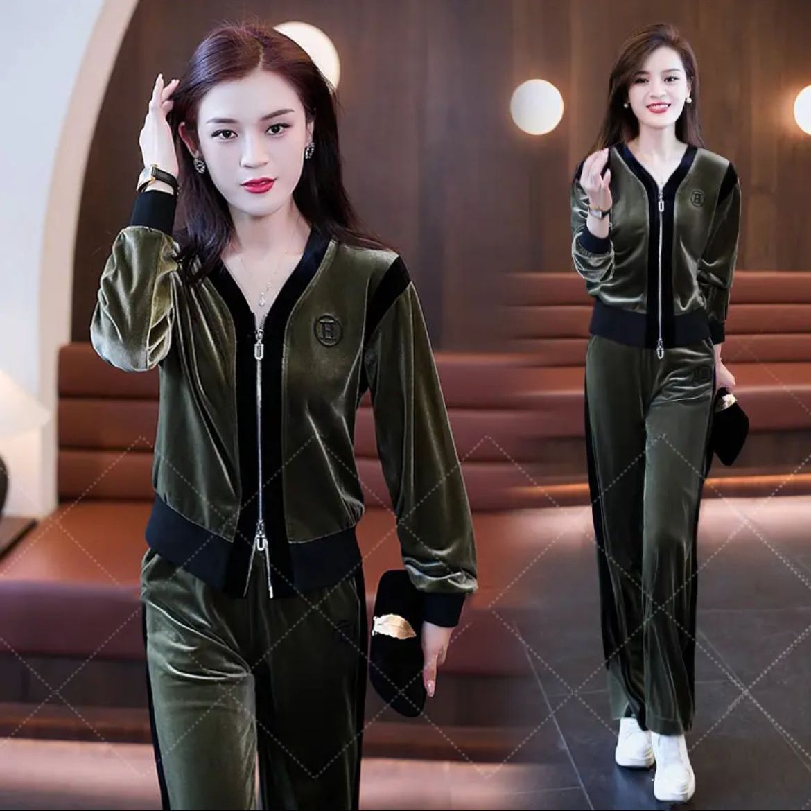 时尚金丝绒2025春秋季新款时尚女装V领洋气阔腿裤休闲运动两件套