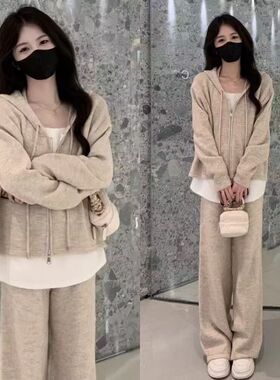 休闲运动套装女2025春秋新款宽松假两件连帽卫衣阔腿裤两件套装潮