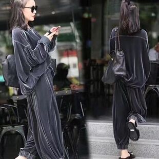 2025秋季大码金丝绒套装女时尚宽松休闲运动阔腿裤两件套装潮
