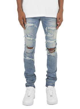 欧美风格烫钻破洞黑色男牛仔裤个性修身弹力男牛仔裤Ripped jeans