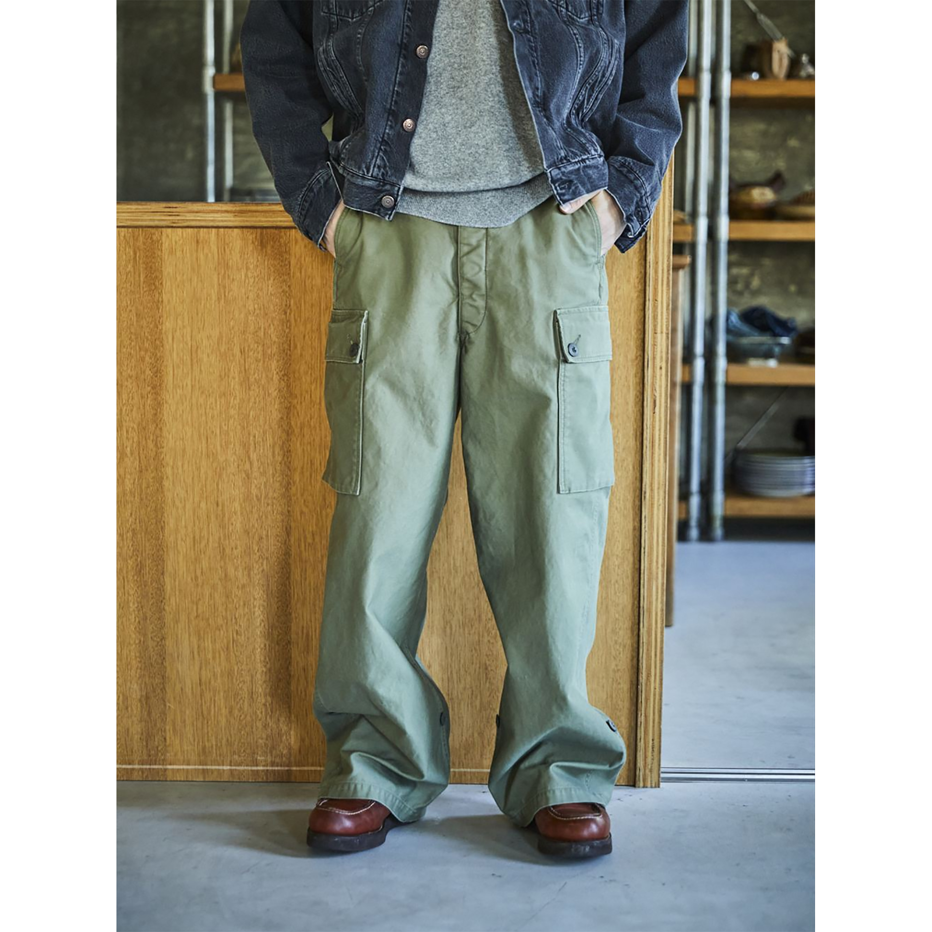 大口袋宽松版工装长裤可卷裤管