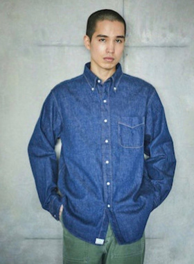 日本orSlow 6盎司轻盈不规则线条黄色缝线方领口袋牛仔衬衫深蓝