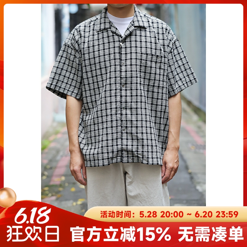夏威夷短袖衬衫衬衣格子黑白格