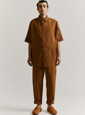 法国Casey Casey纸质棉水洗柔软复古仿旧立体剪裁短袖衬衫杏仁色